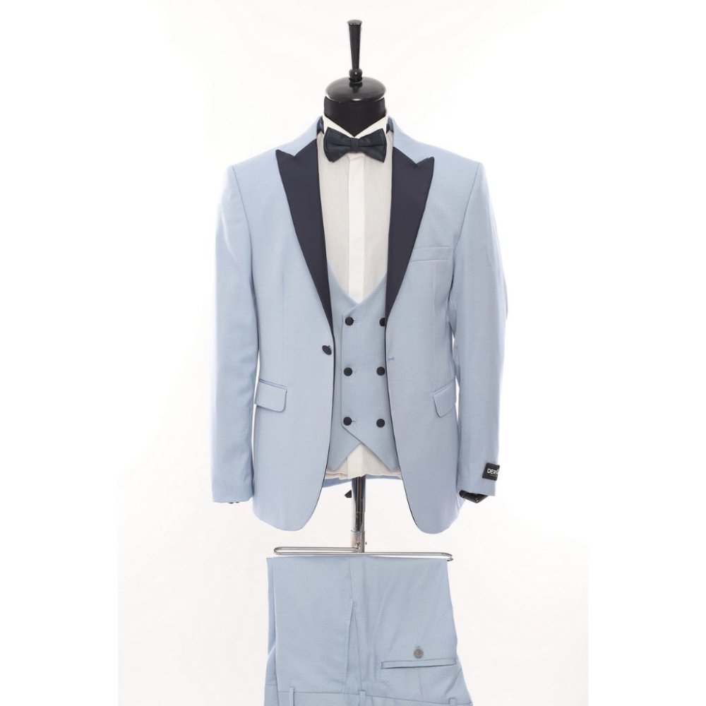 Derman Ice Blue Satin Collar 3 Piece Tuxedo
